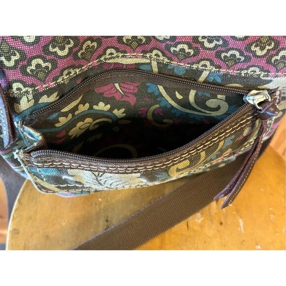 Fossil Canvas Crossbody Messenger Bag Brown Paisley Print Key Bird Charm Tag - Picture 6 of 12